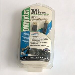 Computer 10ft USB 2.0 Cable - Black for PC Windows & Mac OS.